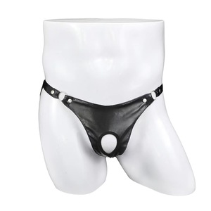 String pour homme en similicuir noir, taille basse, ouverture frontale, respirant, couleur unie G413 - Product Image 5
