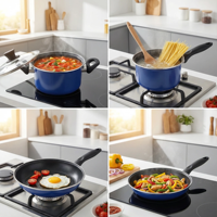 Ensemble de casseroles antiadhésives en acier au carbone de 1,0 mm, 4 pièces, personnalisé OEM, avec couvercle en verre, compatible induction et gaz