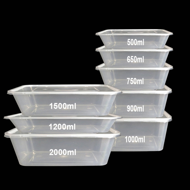 Transparent Rectangular Airtight Microwave Plastic Disposable 500ml 650ml 750ml 1000ml Food Container