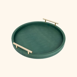 Toptan Koyu Yeşil Suni Deri Yuvarlak Tepsi Seti, Suudi Arabistan ve Körfez Ülkeleri Meclis Masası Sunumu Ramazan için Dekoratif Tepsi - Product Image 4