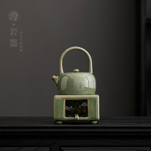 Juego de tetera y calentador de té estilo retro, tetera de gres con esmalte verde bambú y calentador de vela para el té de la tarde - Product Image 2
