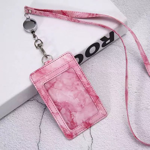 Solid ID PU Strap Dyed PU Hanging Rope And Capsule With <b>Elastic</b> Pull Tab Marble Style Multiple Card Slots For ID Card Holder - Product Image 6