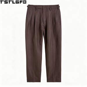 Oem Odm Double Pleated <b>Trousers</b> <b>Men</b> Chocolate Brown Linen Cotton Blend High Waisted <b>Wide</b> <b>Leg</b> Smart Casual Wholesale Bulk - Product Image 4