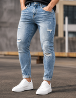 Jean slim déchiré bleu clair pour homme, effet vieilli, coupe ajustée, décontracté, polyvalent, style urbain
