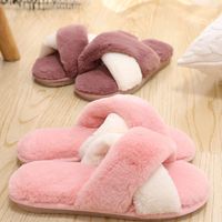 Sandales d'hiver douillettes pour femmes, sandales croisées en peluche à bout ouvert, chaussures plates douces, pantoufles chaudes en fausse fourrure, chaussures d'intérieur pour femmes