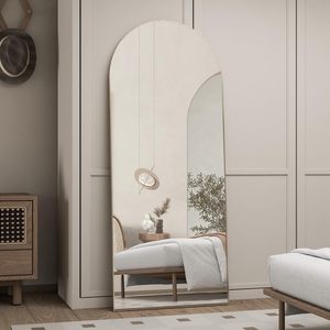 Grande specchio da pavimento ad arco a tutta lunghezza contro il muro per vestirsi da camera da letto e specchio con cornice in oro sottile a parete - Product Image 3