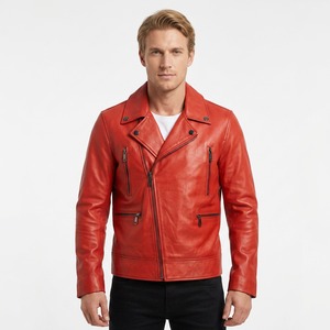 Veste en cuir véritable rouge pour homme, style motard asymétrique, en cuir de vachette, col à revers, poches zippées classiques, vêtement d'extérieur personnalisé pour l'hiver - Product Image 1