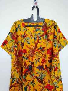 Women Floral Print <b>Kaftan</b> Dress Deep V Neck Short Sleeve Yellow 100% Cotton Summer Resort Wear Bohemian 1-Piece Quick Dry - Product Image 5