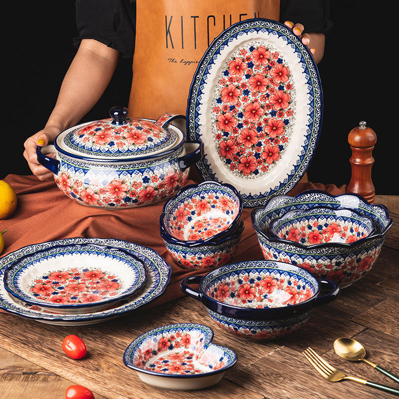 Ethnic Dinner Plate Set Hand-Painted Ceramic, Bohemian Style