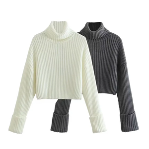 2024 automne/hiver décontracté côtelé court tricot rétro <span class=keywords><strong>col</strong></span> <span class=keywords><strong>roulé</strong></span> pull rue à manches longues femmes tricots amples - Product Image 2