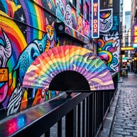 Personalisierter Regenbogen-Holzhandfächer mit individuellem Logo, schwarze Rippen, faltbarer Fächer für Pride-Parade, Sommer-Karneval, Event-Geschenk
