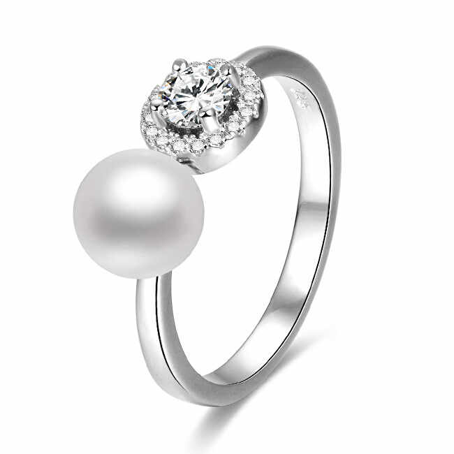 Open Silver Statement Ring with Zircons and AGG339 Pearl Rhodium Plated for Gift Dimension M (56-59 Mm)