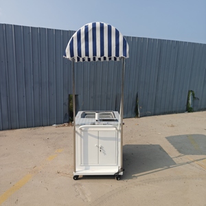 Chariot mobile pour la vente de glaces en acier inoxydable avec auvent rayé bleu et blanc - Product Image 4