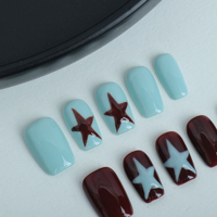 Uñas artificiales hechas a mano con estrellas de doble color pintadas a mano, uñas reutilizables de alta calidad.