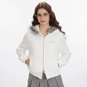 Sweat à capuche à col en fourrure avec fermeture éclair double, logo personnalisé, poids lourd 400 g/m², impression numérique automne, homme - Product Image 3