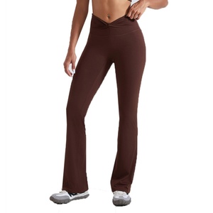 Leggings acampanados de cintura alta de secado rápido para mujer, de nailon/spandex, con detalle fruncido y efecto moldeador, para correr, fitness y yoga. - Product Image 1