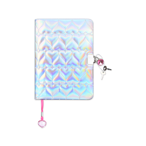 Iridescent Quilted Heart Lock <strong>Diary</strong> with Key for Girls Holographic <strong>Lockable</strong> Notebook with Pink Heart Bookmark - Product Image 1