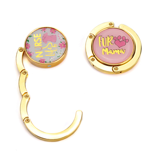 Foldable Purse Hanger for <b>Table</b> Gold Plated <b>Metal</b> <b>Folding</b> Bag Hook Resin Epoxy Printed Custom Logo Purse Holder Bulk - Product Image 3