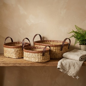 Cheap Price Luxury Natural Straw Woven Basket Set Oval Decorative <b>Empty</b> <b>Gift</b> Packing Basket Bin <b>Box</b> with Faux Leather Handles - Product Image 1