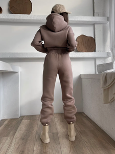 ODM ชุดกีฬาผู้หญิงแบบสองชิ้น, ชุดออกกำลังกายแบบสองชิ้นทรงหลวมแขนยาวมีฮู้ดกระเป๋าจิงโจ้กางเกงกีฬายืดได้ - Product Image 4