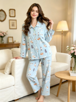 Ensemble de pyjama de luxe en pur coton pour femme, motif floral mignon, manches longues, taille élastique, respirant, printemps-automne, col rabattu