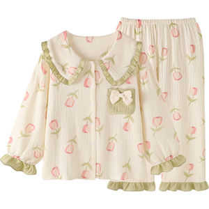 Pigiama da donna in garza di cotone stampata con colletto a bambola, dolce abbigliamento primaverile per la casa - Product Image 5