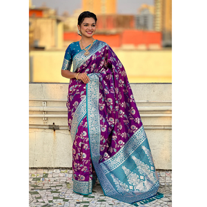 <b>Purple</b> Banarasi Soft Silk <b>Saree</b> with Contrast Jaal Design and Rich Zari Weaving Traditional Winter Party Wear Women's - Product Image 1