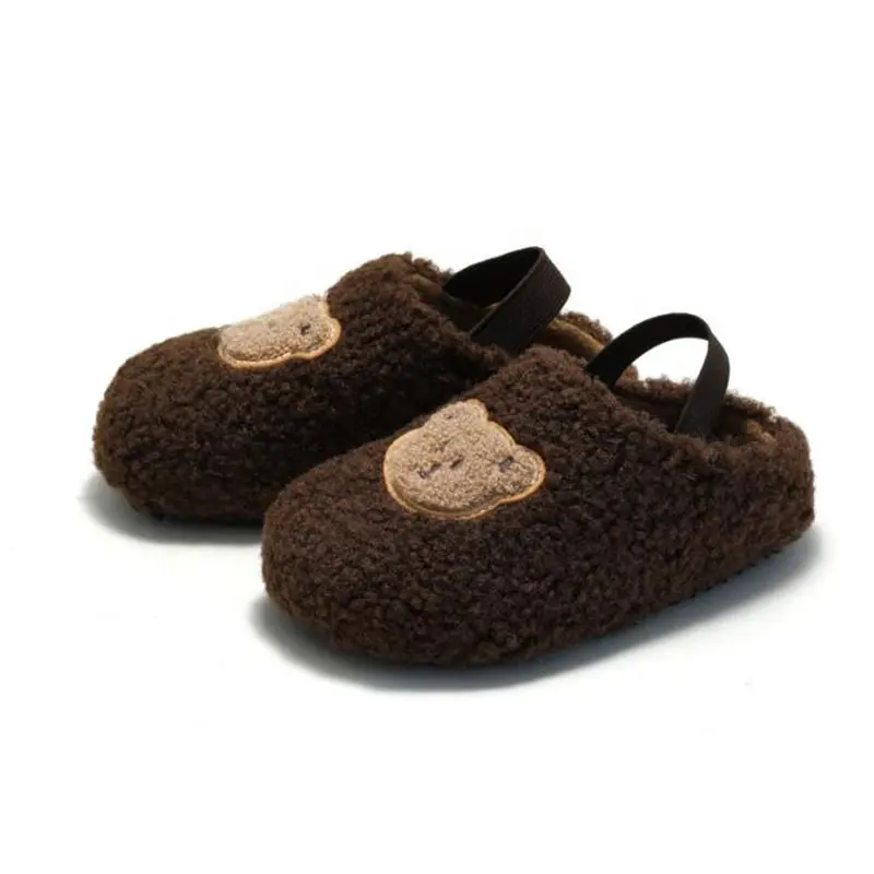 Yeni çocuk mantar soled ayı karikatür kapalı ayak pamuklu ayakkabılar erkek peluş ev terliği kız açık kürklü elastik slaytlar ayakkabı