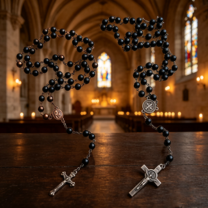 Collier religieux catholique en bois avec perles et croix plaquée argent, en alliage ABS/Zinc, mini perles phosphorescentes, vente en gros, pièce maîtresse - Product Image 6