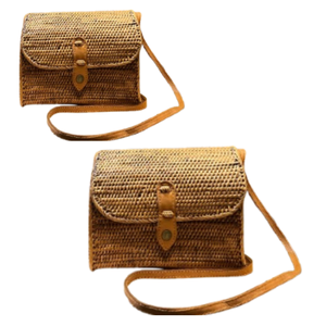 Lombok กระเป๋าสตางค์หวายสานด้วยมือคลาสสิก, กระเป๋าคาดลำตัวมีฝาปิดหนังและกระดุมทองเหลืองงานหัตถกรรมเครื่องจักสาน - Product Image 4