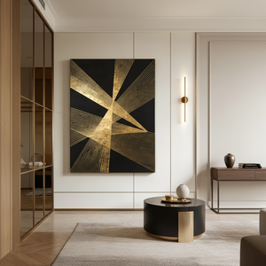 Quadro Moderno Geometrico a Stella in Rilievo Oro e Nero su Tela per Arredamento di Lusso - Product Image 2