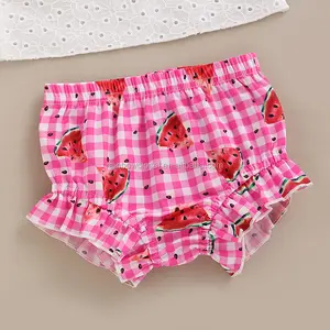Set pakaian musim panas 2 potong bayi balita perempuan, kemeja renda lubang tali dan celana pendek motif kustom untuk bayi balita perempuan