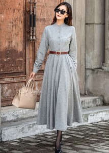 Robe longue personnalisée décontractée élégante pour femmes de la rue quotidienne hiver à manches longues coupe ajustée grande taille robes en laine boutonnées - Product Image 3