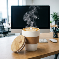 Tasse à café réutilisable en paille de blé de 350 ml avec couvercle en bambou et bouchon en liège, biodégradable, 12 oz, en plastique PP avec couvercle en bambou et bouchon en liège