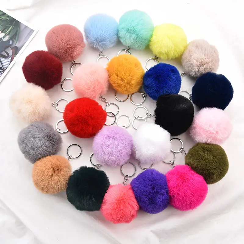 2024 wholesale factory's multi colors fur ball cute puff key ring 8cm pompom keychain for women