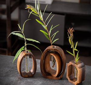 Support de vase en <span class=keywords><strong>bois</strong></span> créatif avec tube en verre ou en acrylique, pot hydroponique pour arrangement floral de bureau, décoration rustique pour la maison - Product Image 2