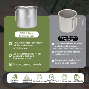 CIEUIS <span class=keywords><strong>Titanium</strong></span> Pot Cup Set 350ml 480ml 750ml Campingmok Ultralicht Opvouwbaar Handvat Koffiemok voor Buiten - Product Image 5