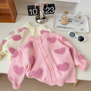 Child Star Circle Girls Heart Knit Cardigan Sweater Pink White Pearl Decor Full Sleeve Crew Neck Spring Autumn Outerwear - Product Image 1