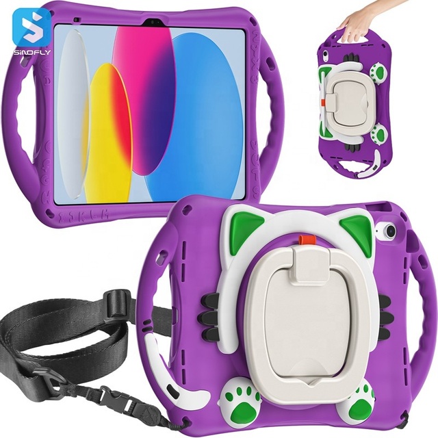 Cartoon 3D Cat Cute Design Tablet Protect Case for iPad 10th Generation 2022 with Shoulder Strap Hands Kickstand