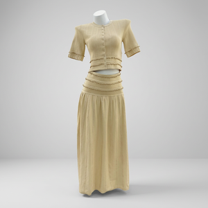 Set coordinato da donna per l'autunno: <span class=keywords><strong>cardigan</strong></span> lavorato a maglia con perline applicate a mano in <span class=keywords><strong>giallo</strong></span> chiaro e gonna midi a vita alta - Product Image 1