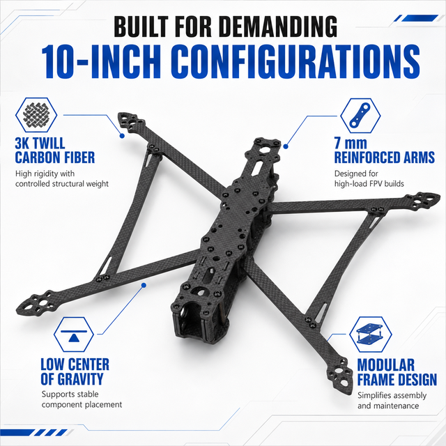Custom CNC Carbon Fiber 10 Inch FPV Drone Frame Kit 425mm Wheelbase with 7mm Arms for Long Range Freestyle Quadcopter