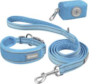 Huanovix ชุดคอมโบสายจูงสัตว์เลี้ยงแบบระบายอากาศและปรับได้พร้อมถุงอึสำหรับสุนัขขนาดเล็กขนาดกลางขนาดใหญ่ (สีฟ้า, เมตร) - Product Image 1