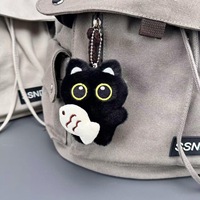Tondiamo 2 pièces Porte-clés en peluche chat noir durable, breloque de sac, accessoires cadeau Kawaii pour la Saint-Valentin (rayures rouges, blanches et bleues)