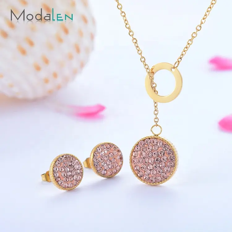 Modalen Fashion Wholesale Steel Jewellery Necklace Gold Simple Rhinestone Cheap Jewelry Set