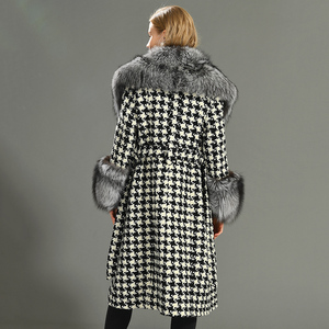 عالية الجودة النساء الصوفية معطف فاخر الثعلب الفضي طوق الفراء الصوف تغطية المرأة الاحزمة الطويلة الصوفية معطف - Product Image 3