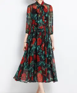 卸売花柄プリントローズフラワー中東女性セクシーシフォン刺繍マキシドレス長袖弓