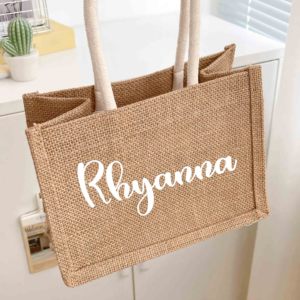 Borsa <span class=keywords><strong>personalizzata</strong></span> monogramma da spiaggia <span class=keywords><strong>con</strong></span> manico eco-friendly per matrimonio borsa regalo in juta - Product Image 5
