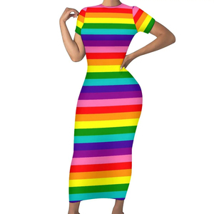 Coloré arc-en-ciel rétro Maxi robe pour dame fierté LGBT à manches courtes été moulante jupe lavable mode impression réunion naturelle - Product Image 2