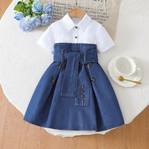 <span class=keywords><strong>2025</strong></span> Verão Novo Designer Casual Crianças Desgaste Elegante Joelho-Comprimento da Menina Denim Patchwork Vestido - Product Image 1