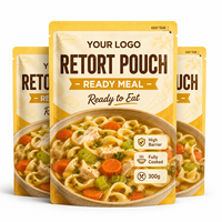 Sachet refermable imprimé sur mesure à trois soudures, résistant aux hautes températures (121°C), pour emballage alimentaire de soupes de poulet et plats préparés